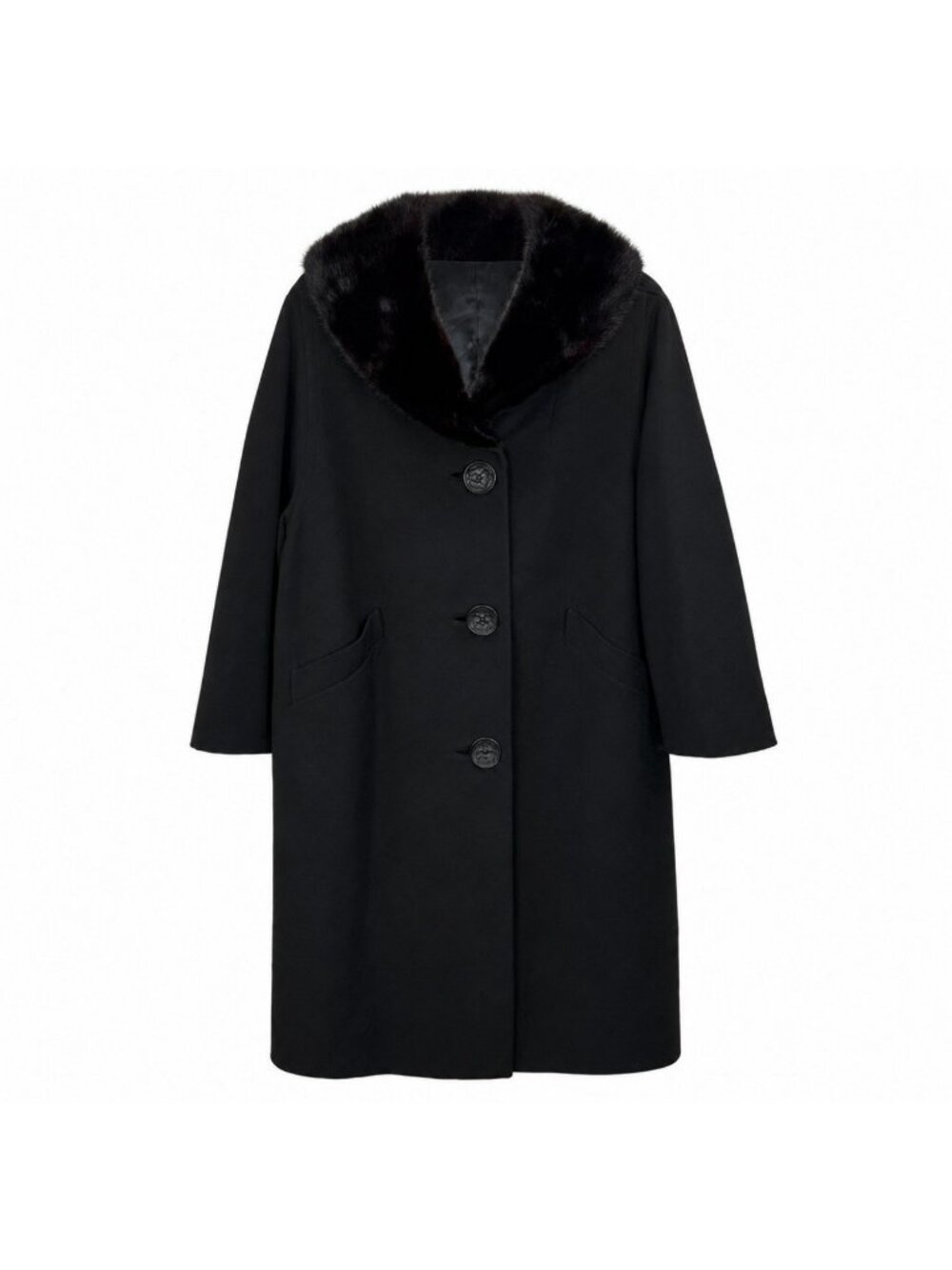 Vintage 60's Len Artel Belgium Black Fur Collar Topper Swing Coat Womens Large